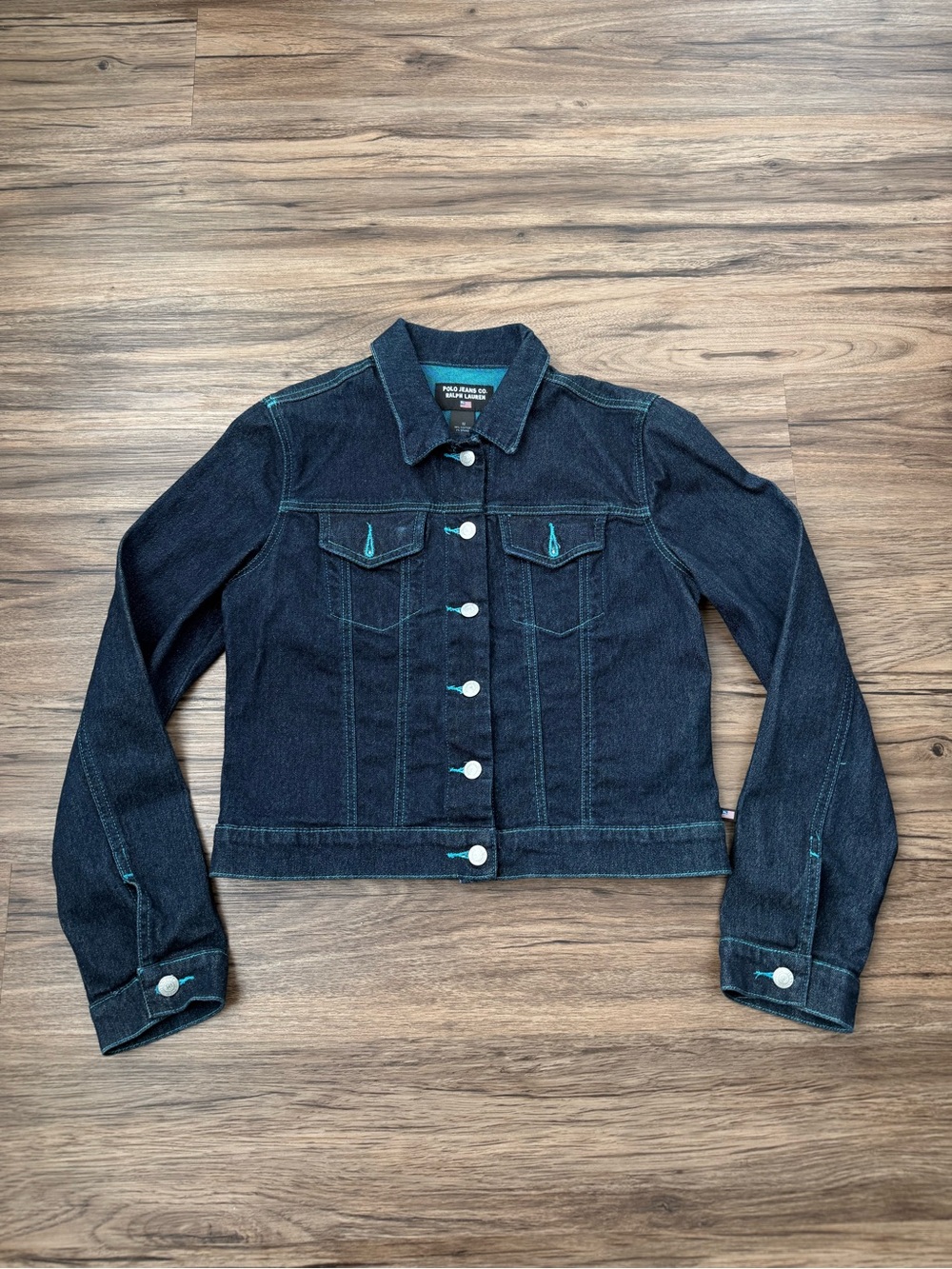 VTG Y2K Polo Jeans Ralph Lauren Denim Jacket Size M Dark Wash Turquoise Stitch